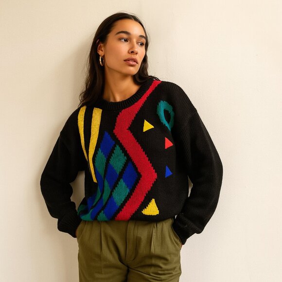 Vintage Adrian Spenser Pullover Knit Sweater Abstract Design Black Red M - Picture 1 of 11